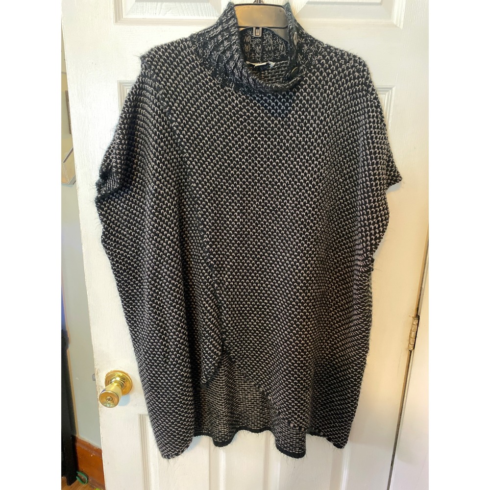 Simply Noelle Womens Knit Poncho Sweater Black White Mock Neck‎ Asymmetric L/XL